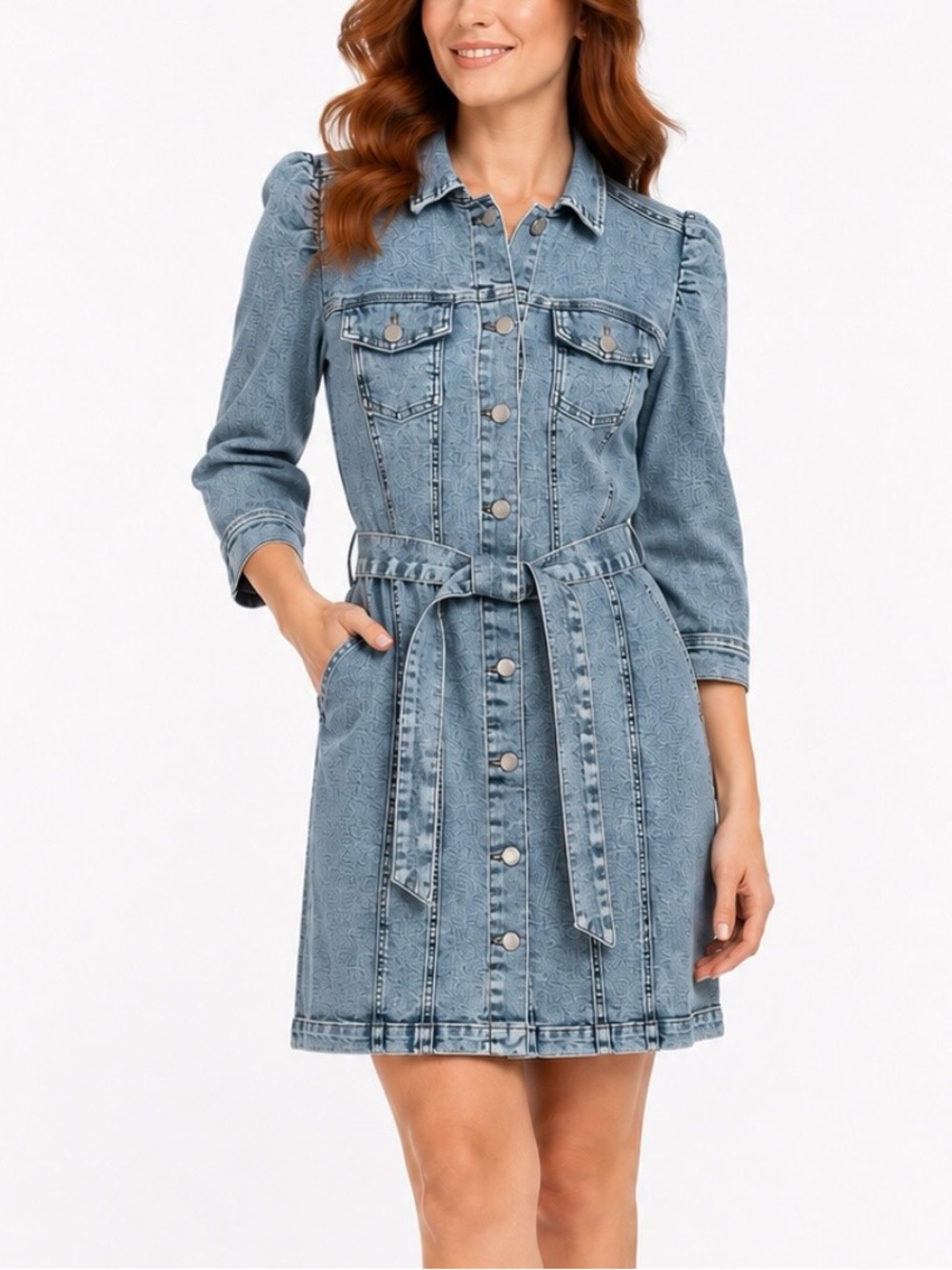 VENUS Washed Blue Denim Button-Front Dress with Tie Belt